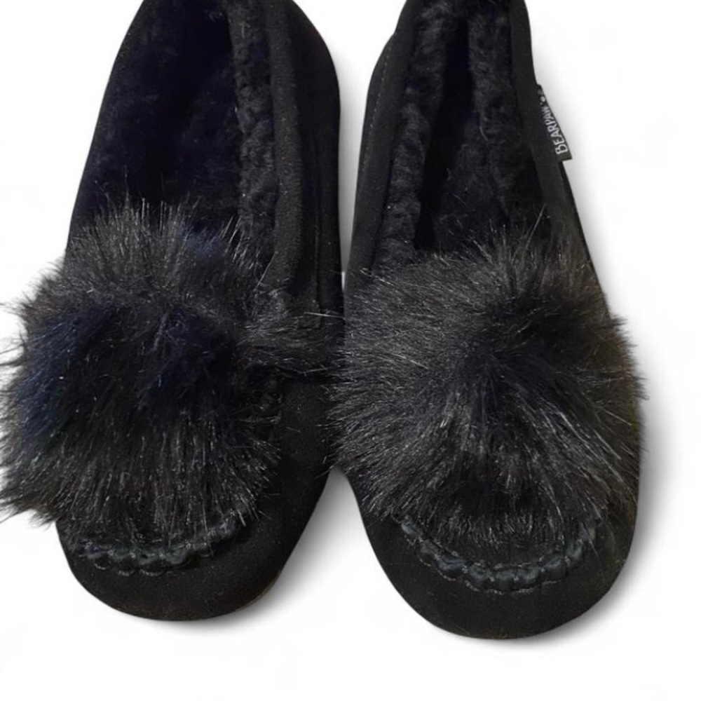 BearPaw Black Fuzzy Pom Slippers